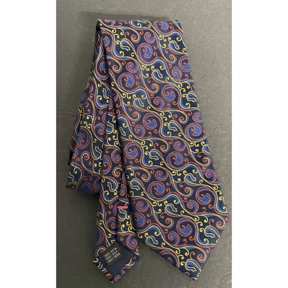 BUGATCHI Blue Red Gold Paisley Luxury Designer Silk Tie Made In Italy 3.5" x 60"